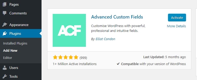 Cài đặt plugin Advanced Custom Fields.