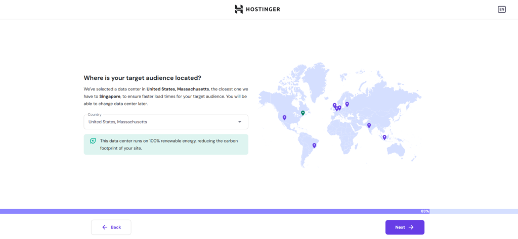 The data center selection page in Hostinger's onboarding wizard