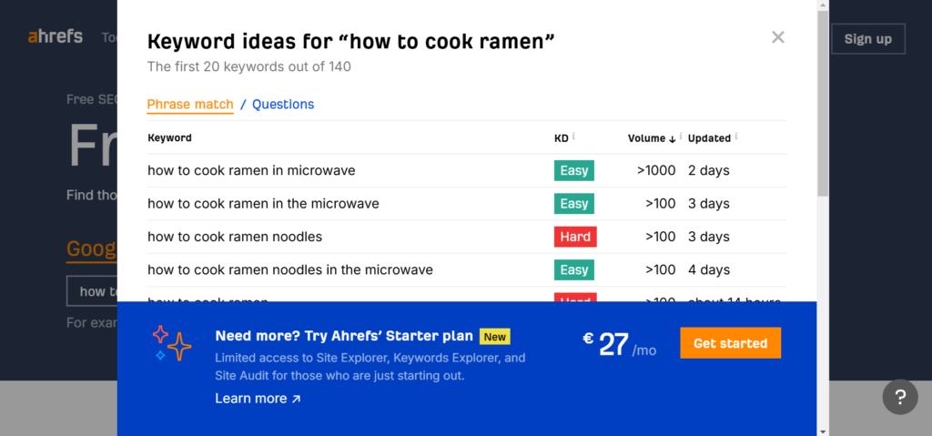 The search results for the how to cook ramen term on Ahrefs free keyword explorer