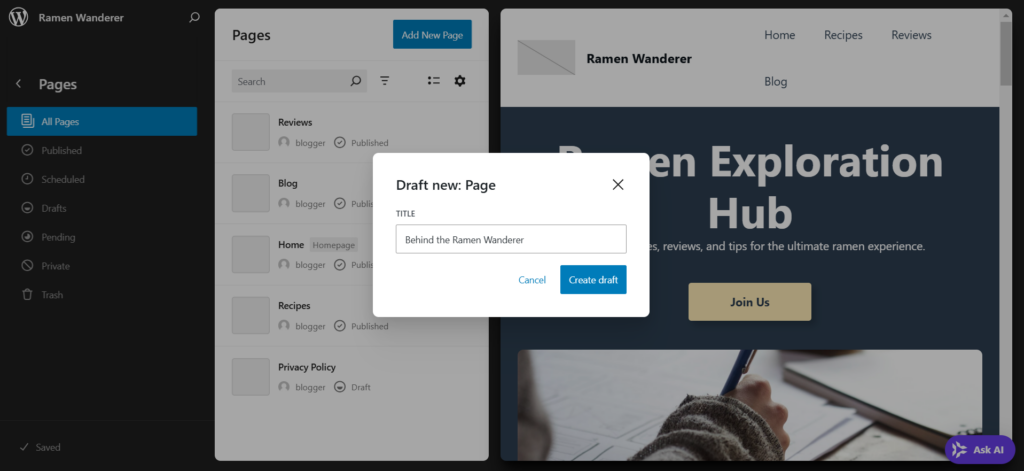 The create a new page pop-up in WordPress Site Editor