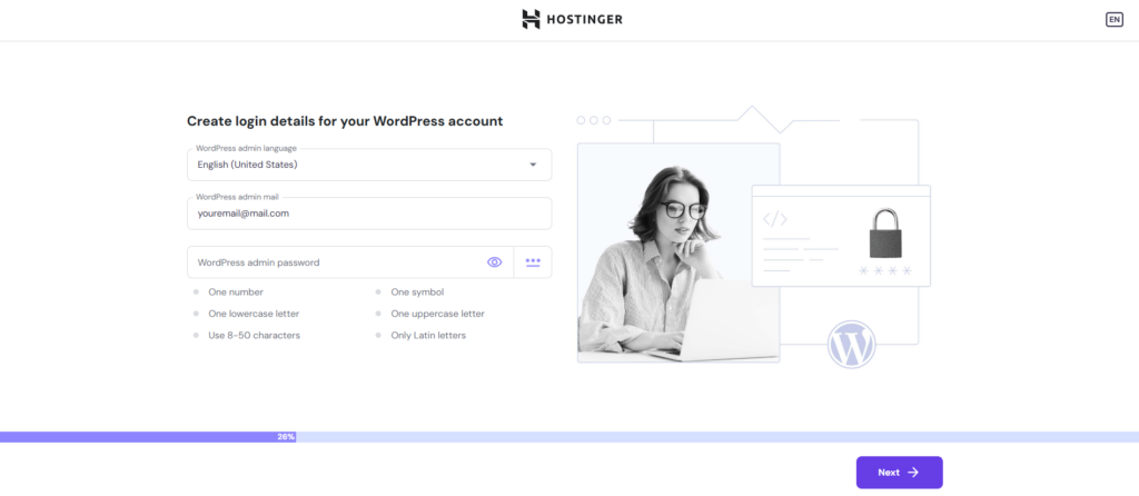 The create a new WordPress account page in Hostinger's onboarding