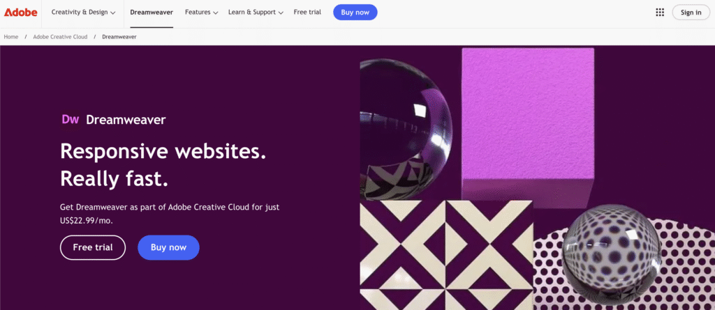 The Adobe Dreamweaver CC product page