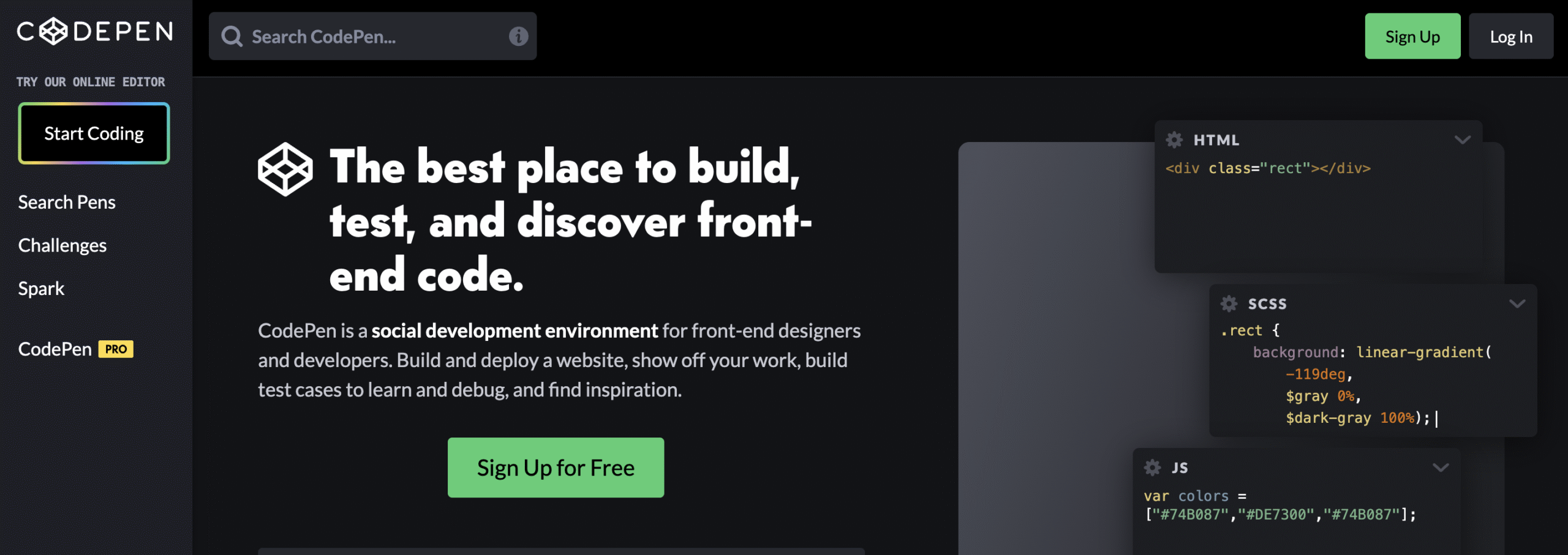 CodePen's website home page