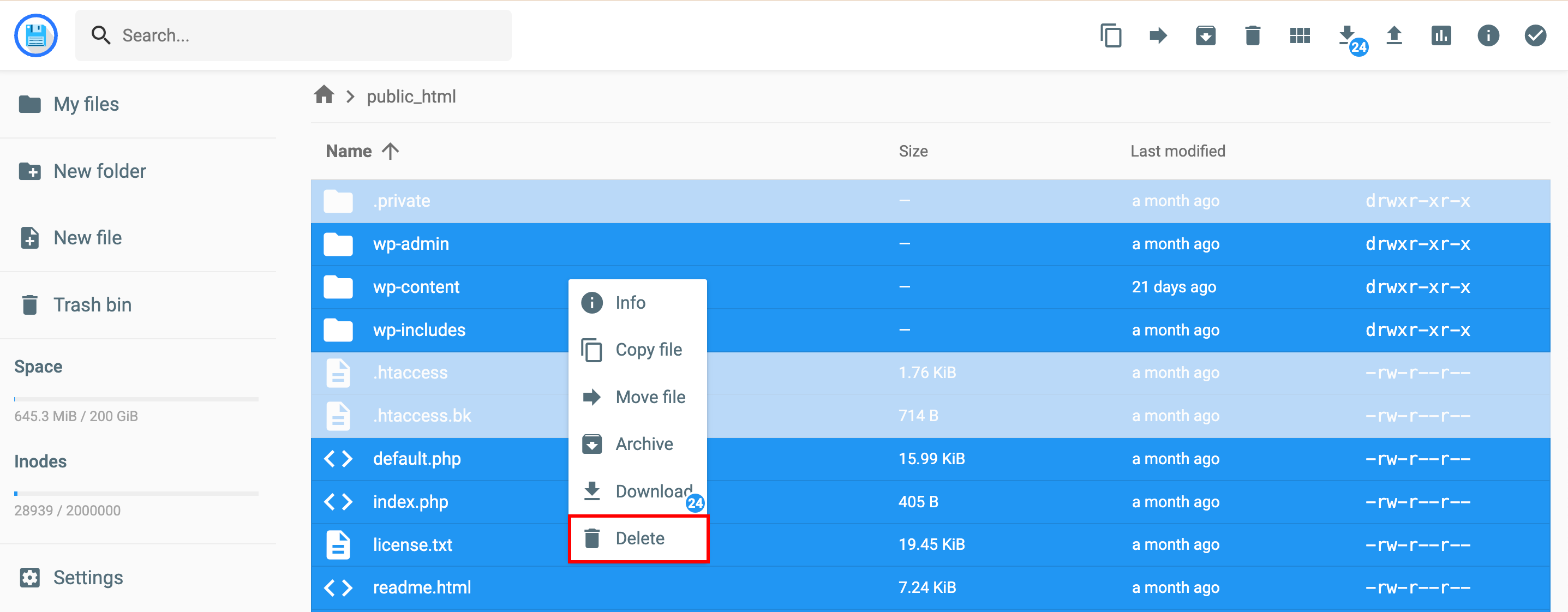 Delete wordpress files using file manager