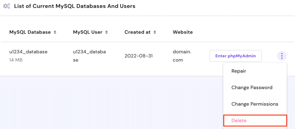 Delete WordPress database via hPanel