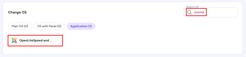 hPanel's VPS change OS section with the Joomla search and result highlighted