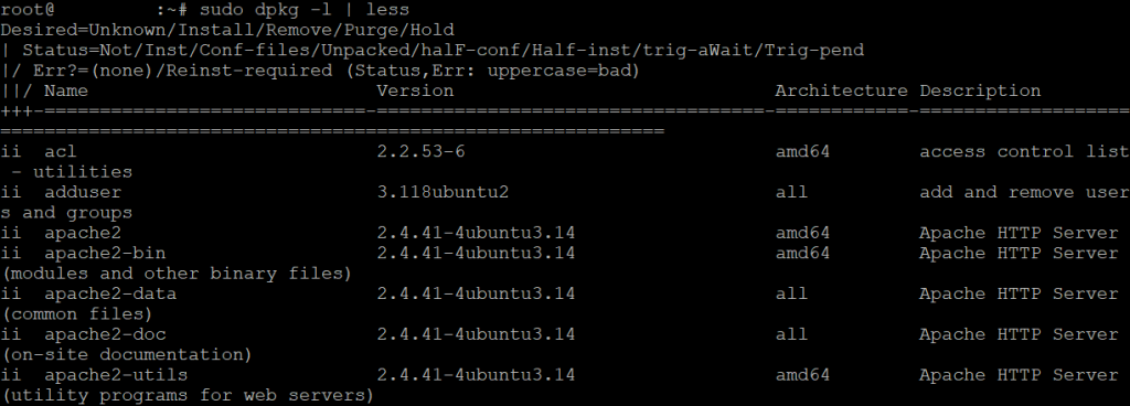 The dpkg-query command outputting the shortened list of installed packages