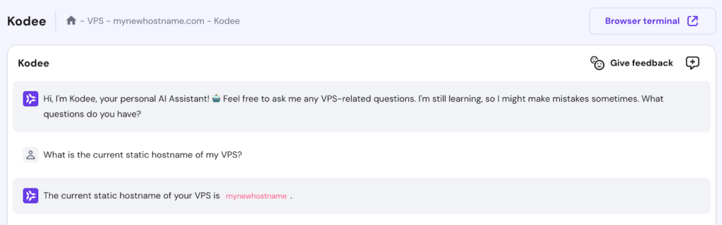 Kodee AI assistant outputs the current VPS hostname