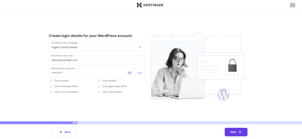 The WordPress account creation page in Hostinger's hosting onboarding