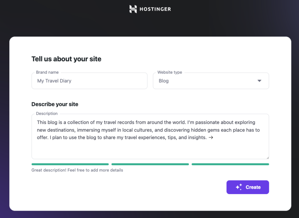 The Hostinger's AI Website Builder for WordPress prompt input page on Hostinger's onboarding setup wizard