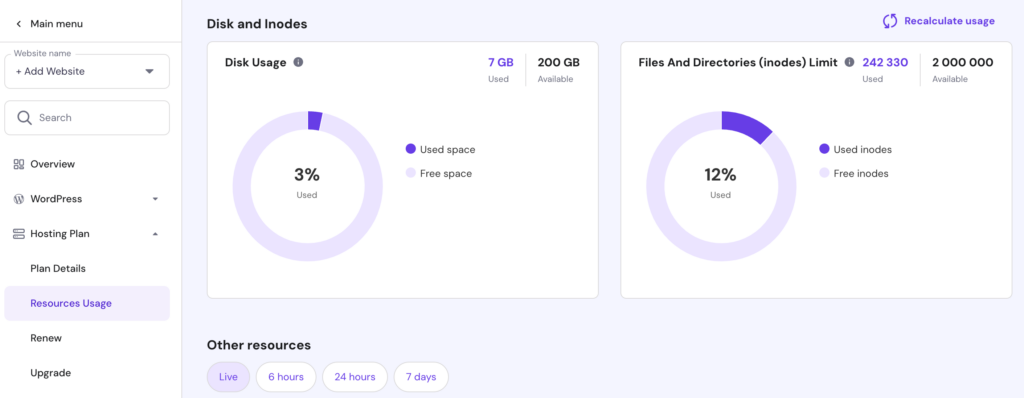 A website's resource usage statistics on hPanel