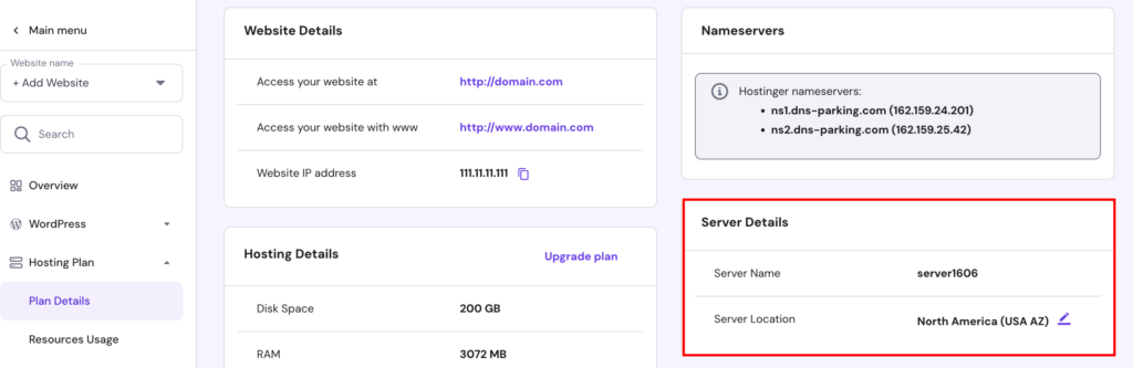 Hostinger's plan details page with the server details highlighted