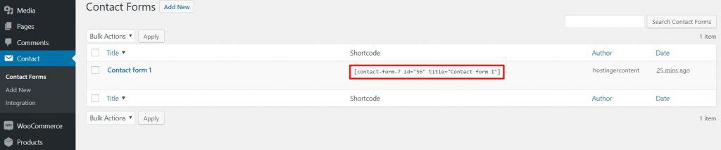 u moet de shortcode kopiëren uit Contactformulier 7 instellingenmenu