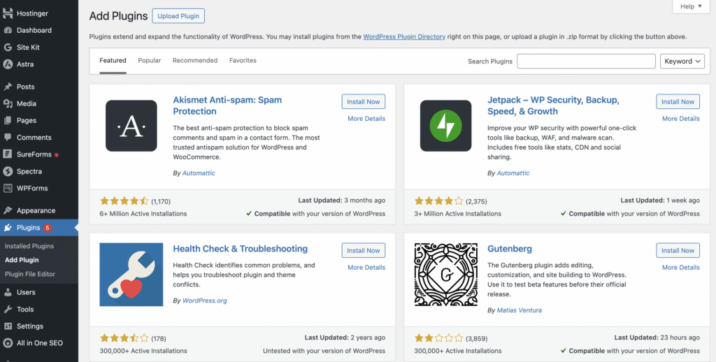 The Add Plugin menu on a WordPress dashboard