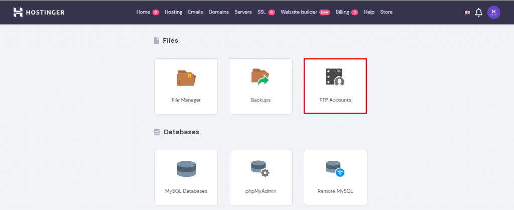 Screenshot demonstrating where FTP account button is located on hPanel