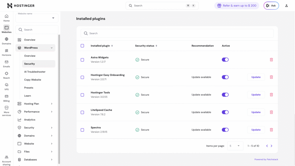 The Installed WordPress plugins list on Hostinger's hPanel