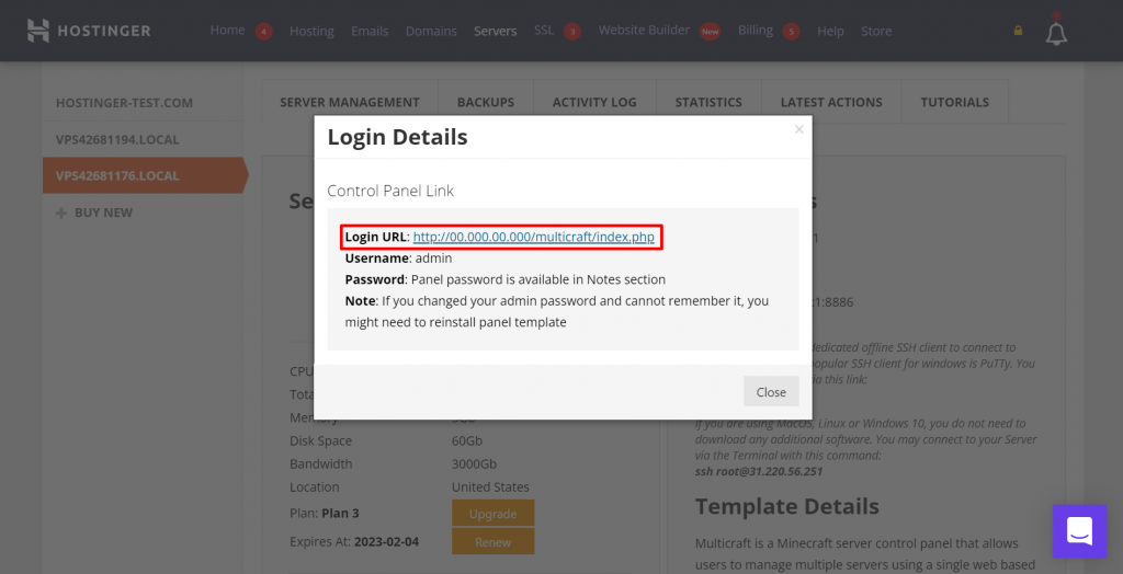 Previewing Game Panel's login details in hPanel.