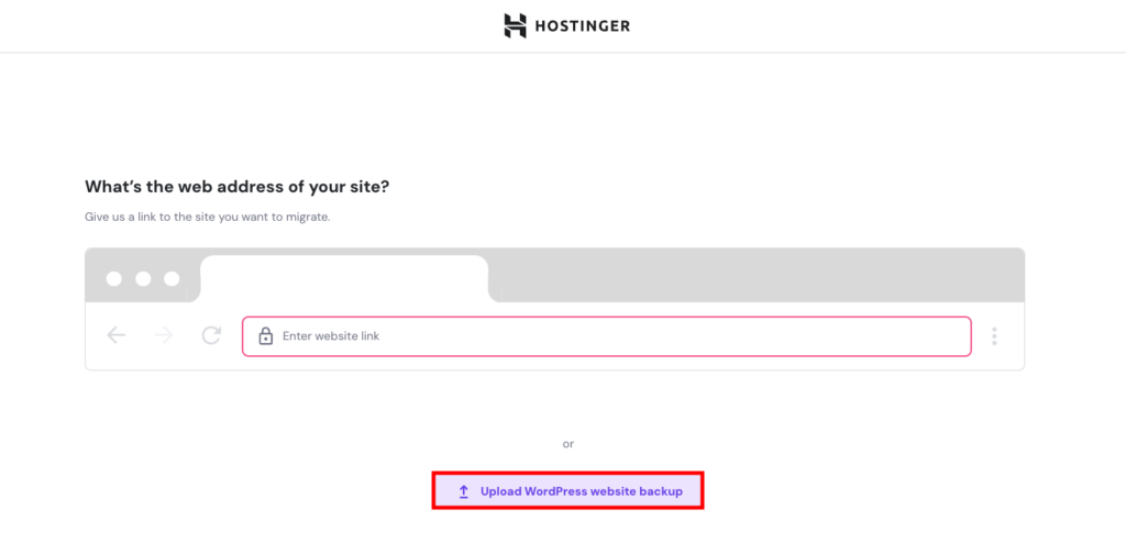 Hostinger migration process, highlighting the option to do the process using a backup file