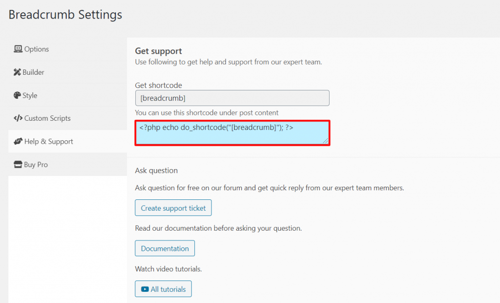 Inserting breadcrumb shortcode in help and support tab 