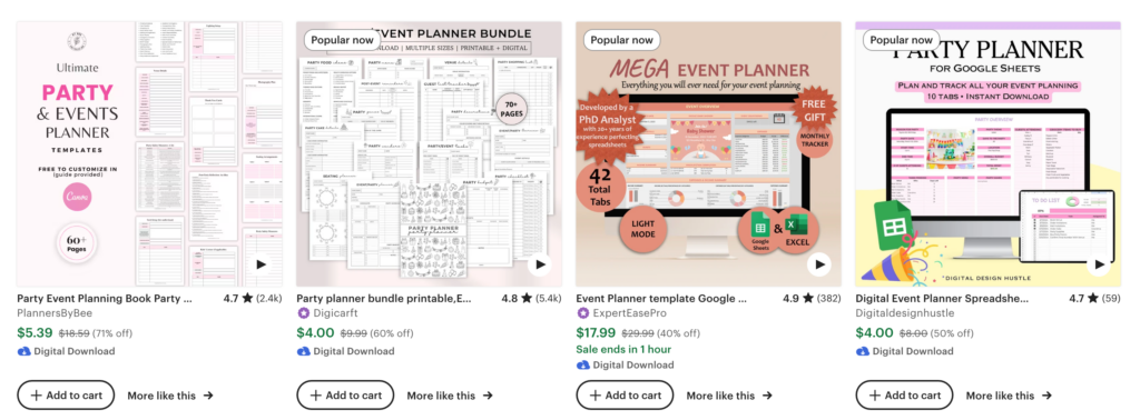 Etsy event planner search result