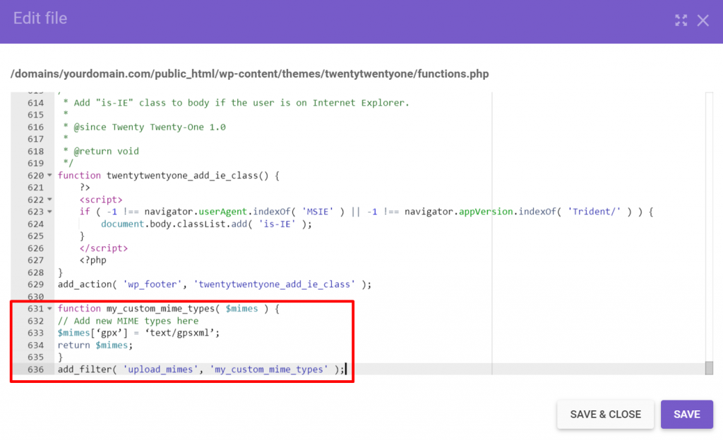 Screenshot of the functions.php file showing where to paste the syntax.