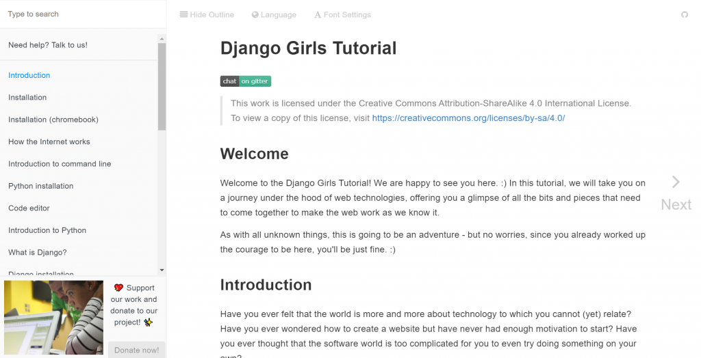 Django girls tutorial homepage.