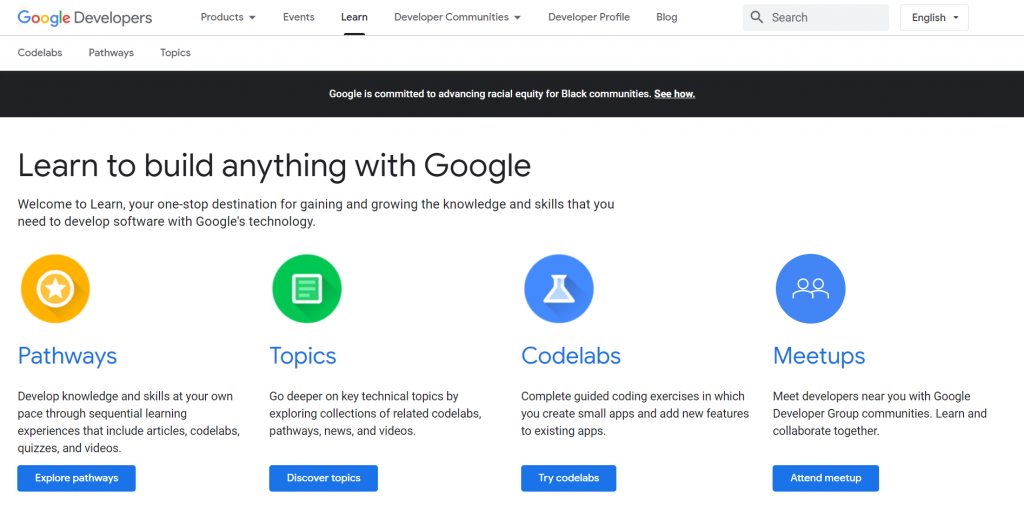 Google Developers homepage.