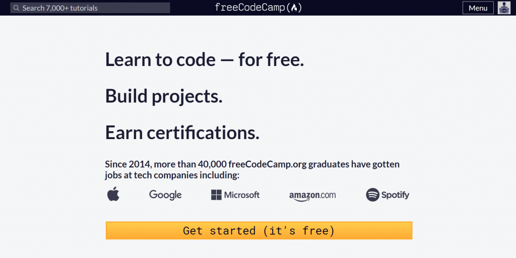 freeCodeCamp homepage.