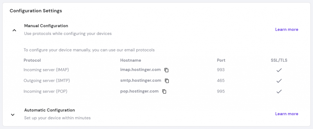 Screenshot showing the details of manual configuration - protocol, hostname, port and SSL/TLS.