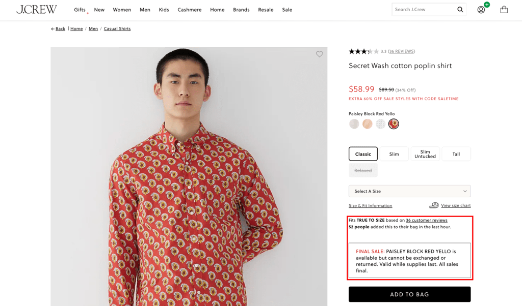 Example of how many have bought the item on J Crew's website