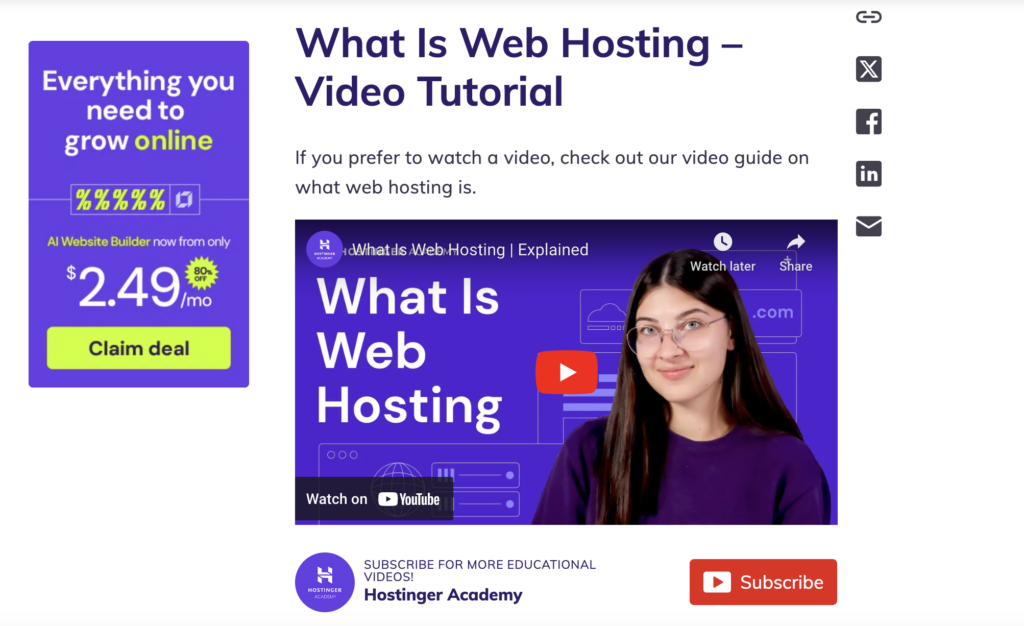 An example of an embedded YouTube video in a Hostinger Tutorials blog post
