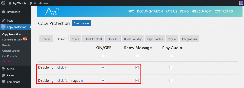 Activating hotlink protection on the Copy Protection plugin.