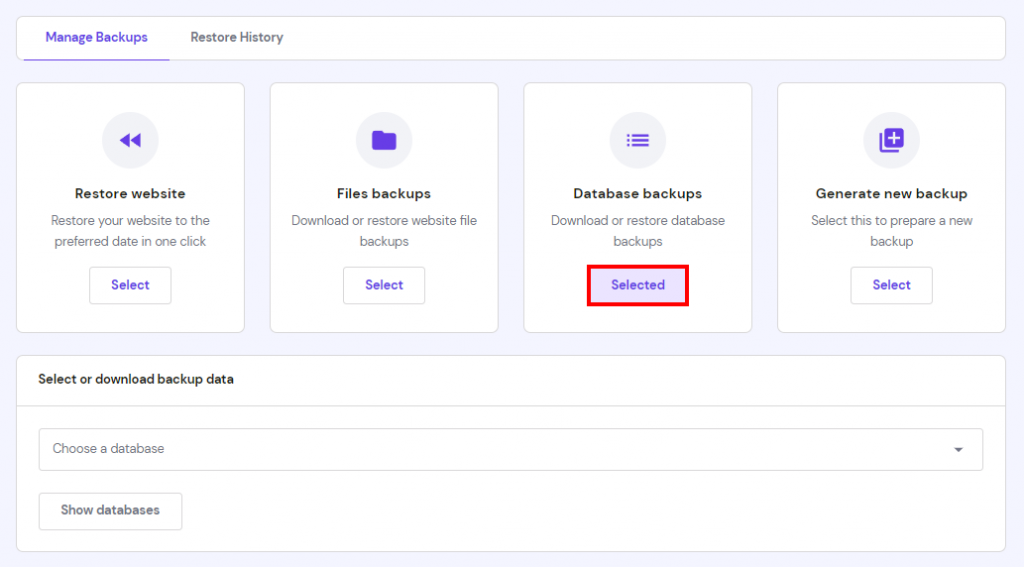 hPanel database backups feature