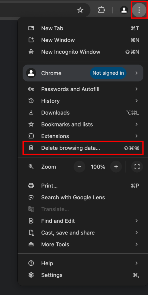 Chrome customization delete browsing data option