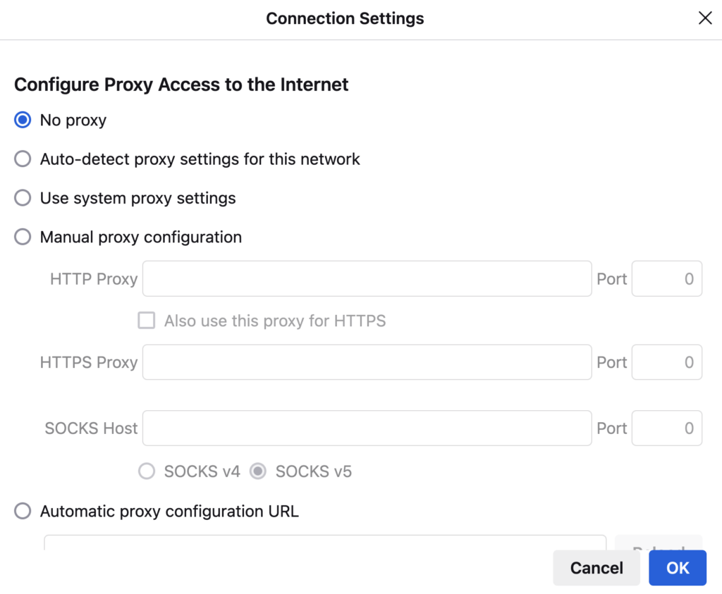 The No proxy option in Firefox's Connection Settings popup dialog