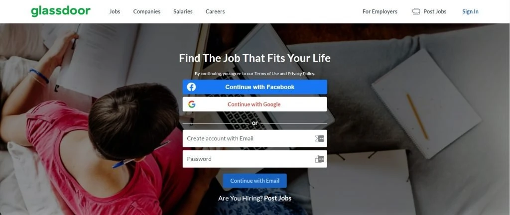 The homepage of Glassdoor