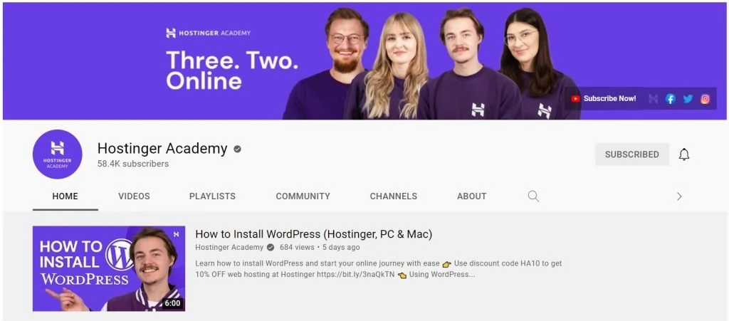 Hostinger Academy's YouTube channel