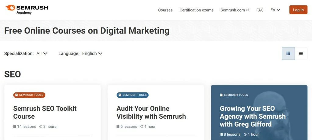 免费在线数字的营销课程Semrush学院网站。