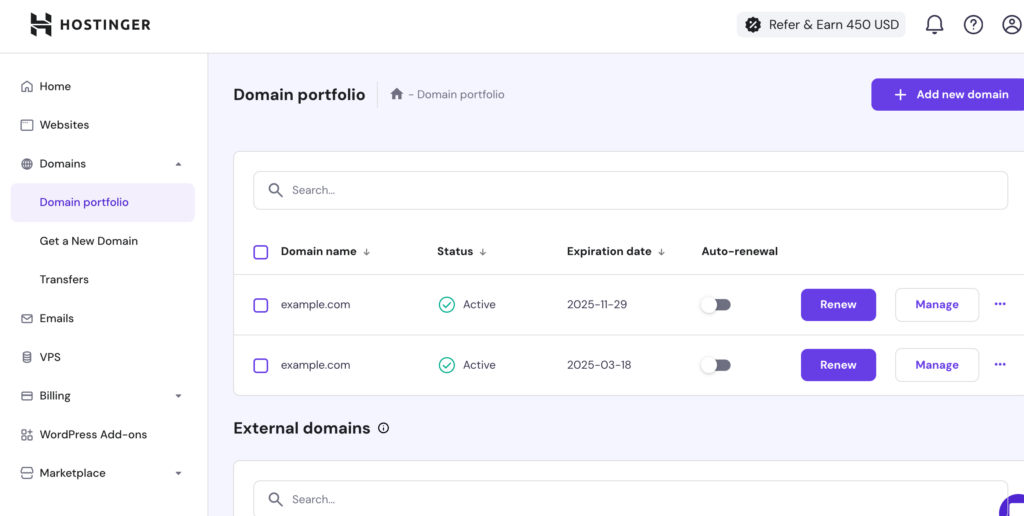 Domain portfolio section