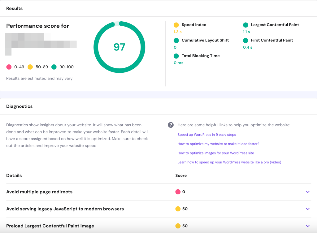 Page Speed test's Performance Score on hPanel