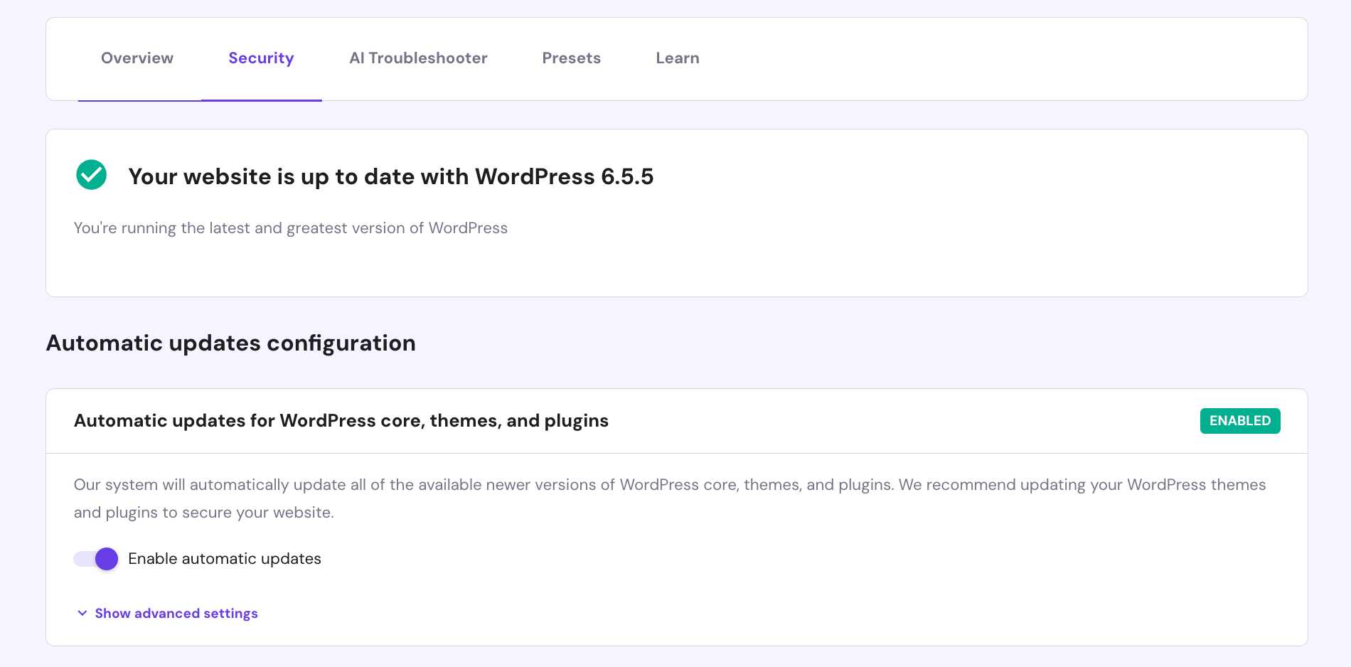 Manage WordPress update settings in hPanel