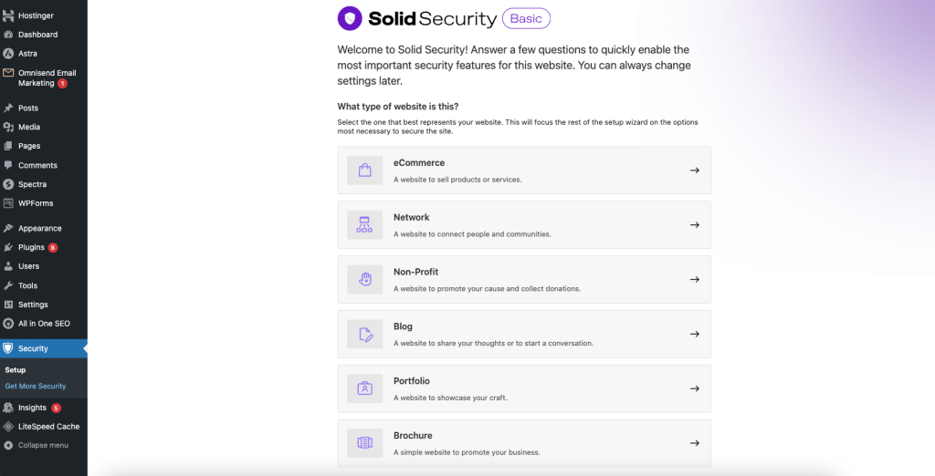Solid Security setup page