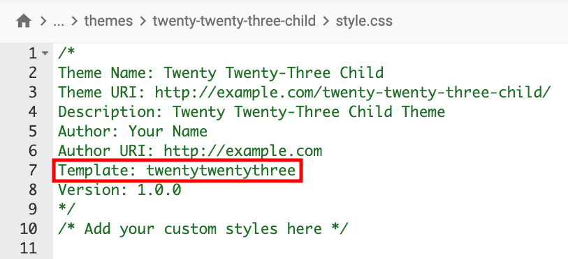 The content of WordPress stylesheet, highlighting the Template parameter