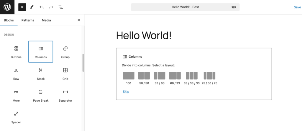 Adding a block column in Gutenberg
