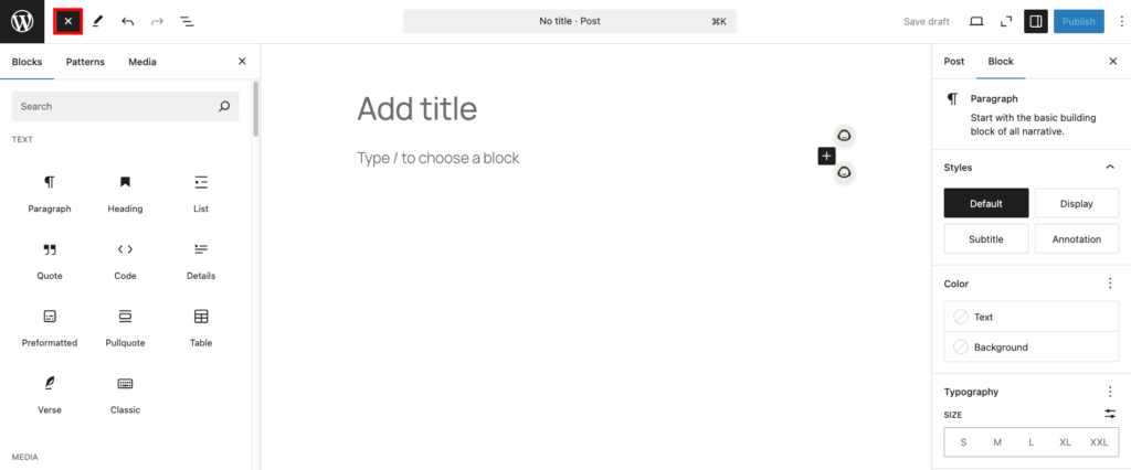 Gutenberg editor interface showing the list of available blocks
