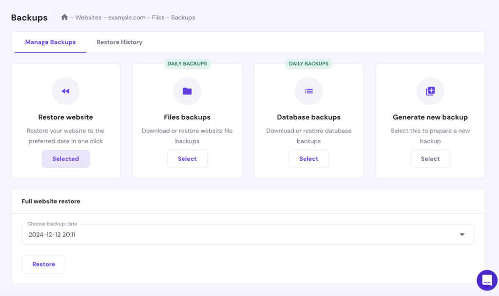 The Hostinger's built-in backup tool interface.