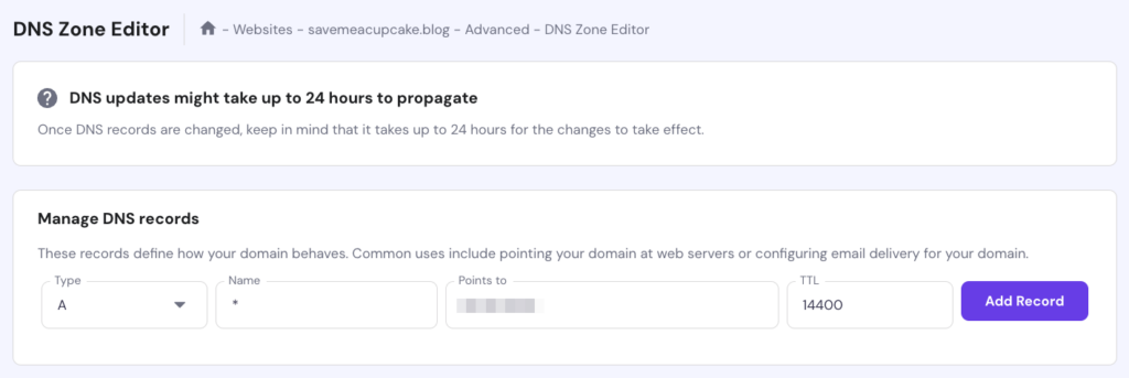 DNS Zone Editor section in Hostinger's hPanel