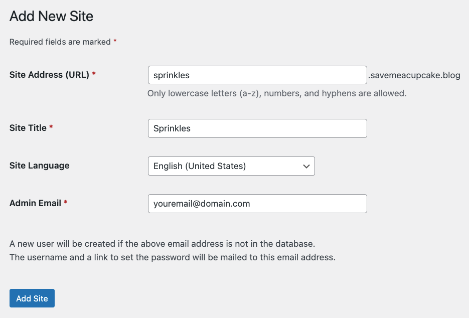 Subsite form creation in WordPress Multisite
