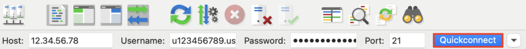 The Quickconnect button in FileZilla.