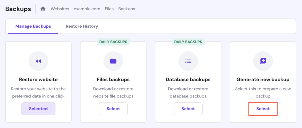 The Select button in the Generate new backup section of hPanel.